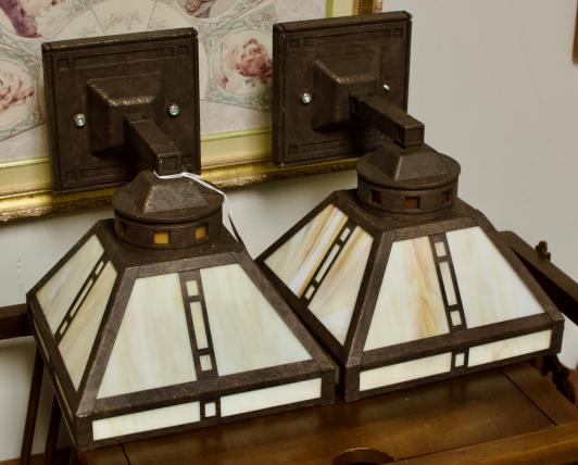 Pair of square slag glass hanging electric lanterns