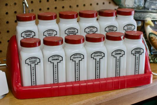 Vintage Griffith’s milk glass spice jar set