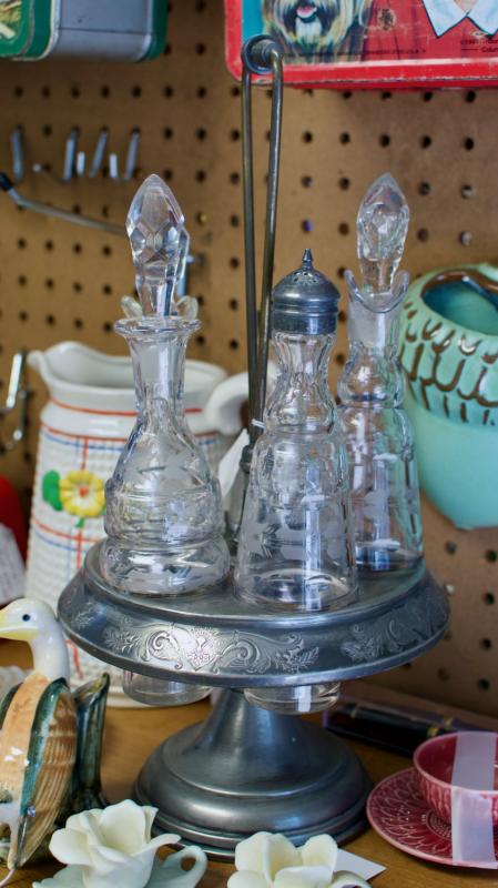 Vintage silverplate castor etched glass cruet set
