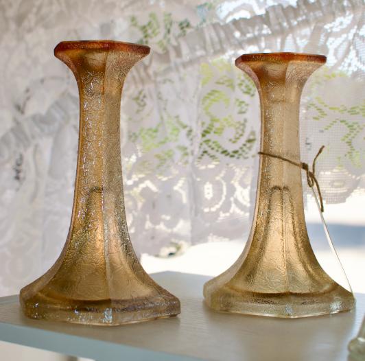 Pair of vintage Jeanette glass marigold crackle candlesticks