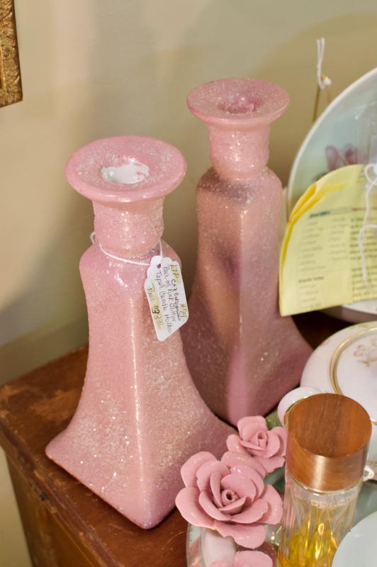 Pair of pink glitter taper candle holders