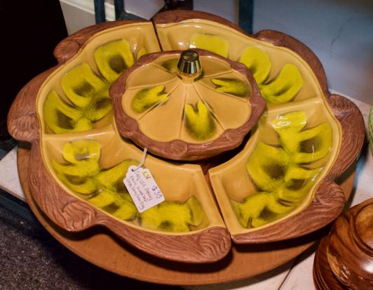 Calif. USA pottery faux wood drip glaze lazy Susan tray