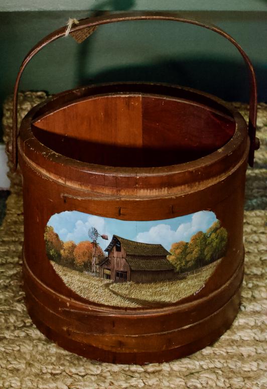Primitive wooden sugar bucket - hand painted