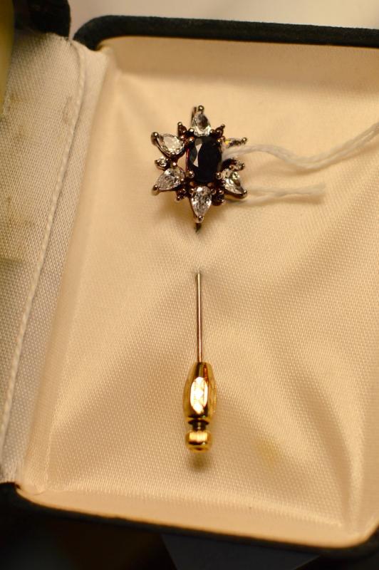 Stick Pin: 925, J.C.  Sapphire and six diamonds.  Spring loaded nib.